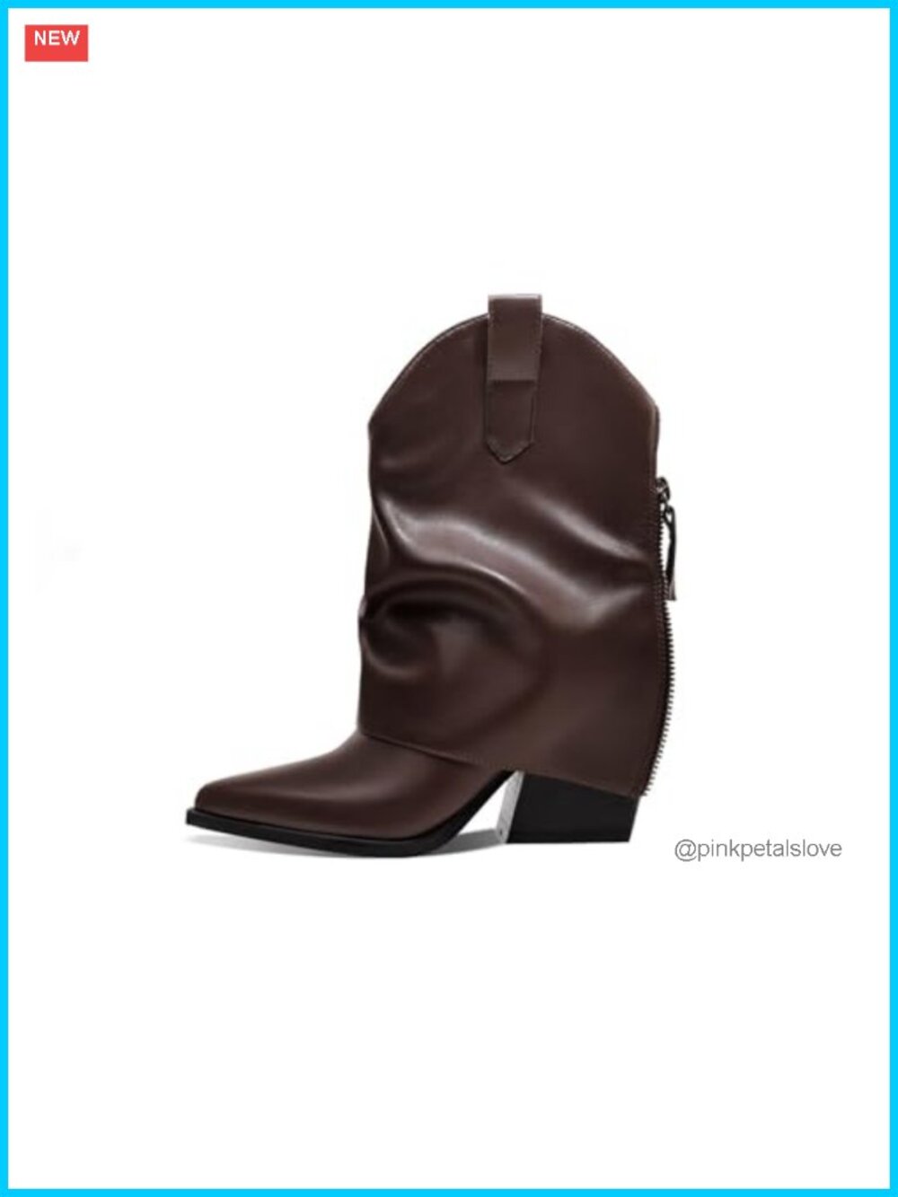 Womens Ankle Fold Over Boots Chunky Mid Heel Pointed Toe Side Zipper Booties